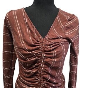 Rust Brown Ruched Drawstring V-Neck Top Cottagecore Boho Dotted‎ Stripe Large